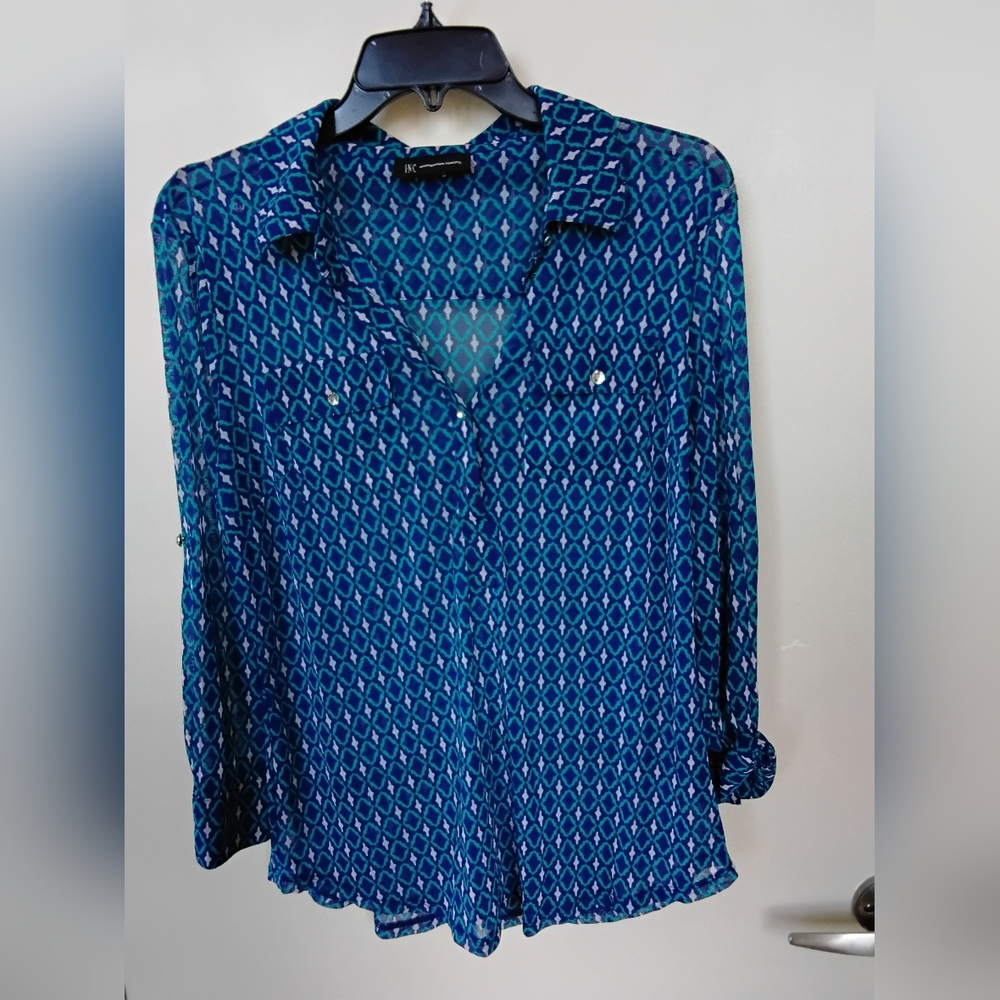 Express Teal & Navy Geometric Pattern Button-Front Shirt